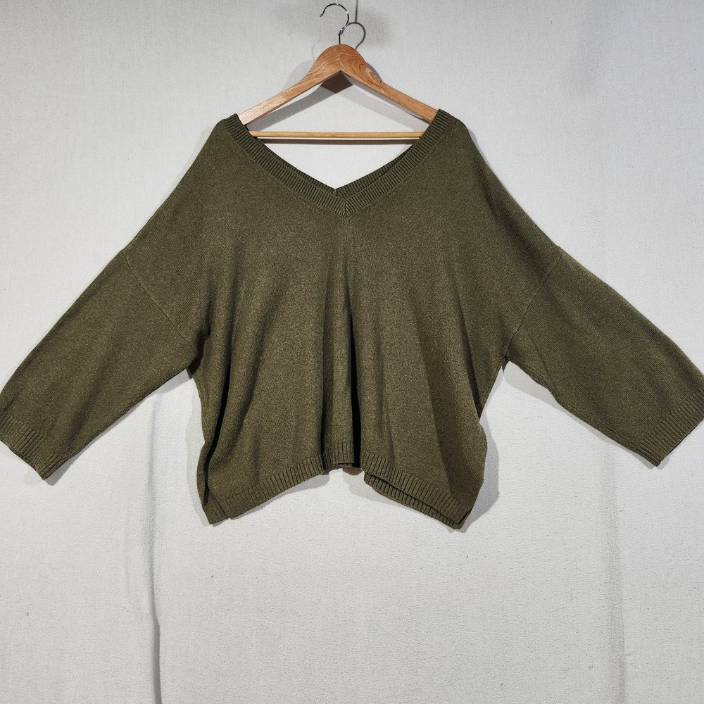 Madewell Womens 2X Olive Green V-Neck Oversized Cotton Blend Sweater G3942 Fall